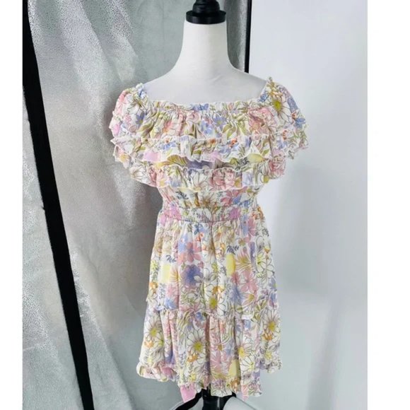 White Floral Print Short Sleeve Off Shoulder Ruffle Tiered Mini Dress - Picture 8 of 15